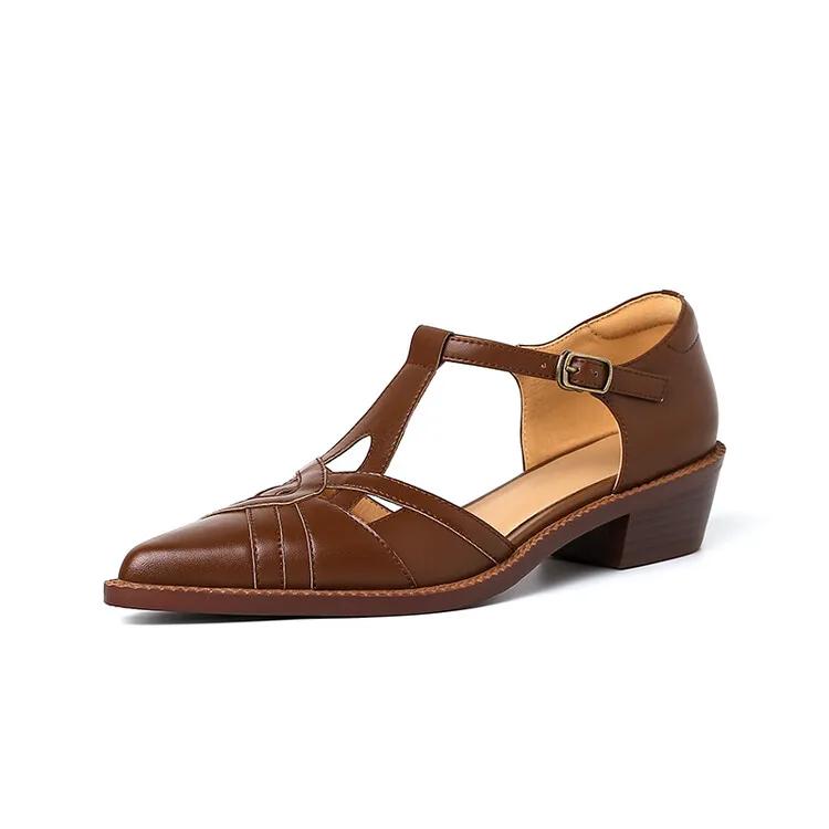 

Fashion Summer Women Sandals Split Leather Shoes for Women Pointed Toe Chunky Heel Shoes Giadiator Sandals Narrow Band Handmade Shoes 41 коричневый