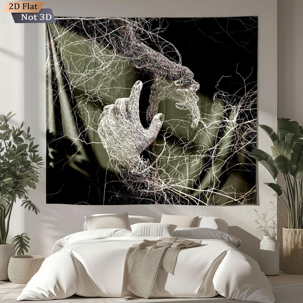 1pc Black And White Line Hand Printed Tapestry, Living Room Wall Art Decoration Background Cloth, Machine Washable Space Pendant