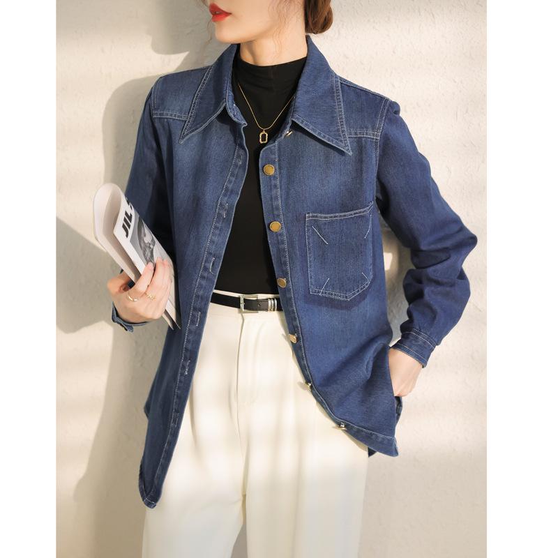 Women's Loose Blue Denim Shirt, Autumn/Winter 2024, Korean Style Layered Top