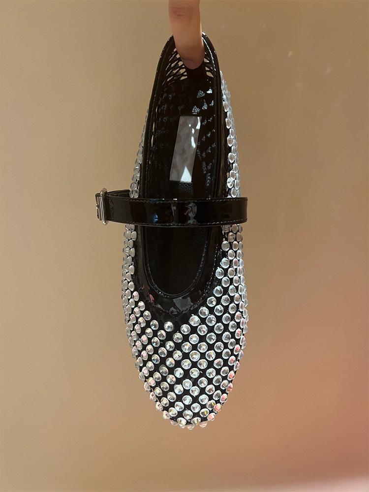 Sheepskin Round Head Mesh One-word Buckle Ballet Shoes Women's Full Diamond Flats Hollow Mary Jane Single Shoes Fishnet Shoes