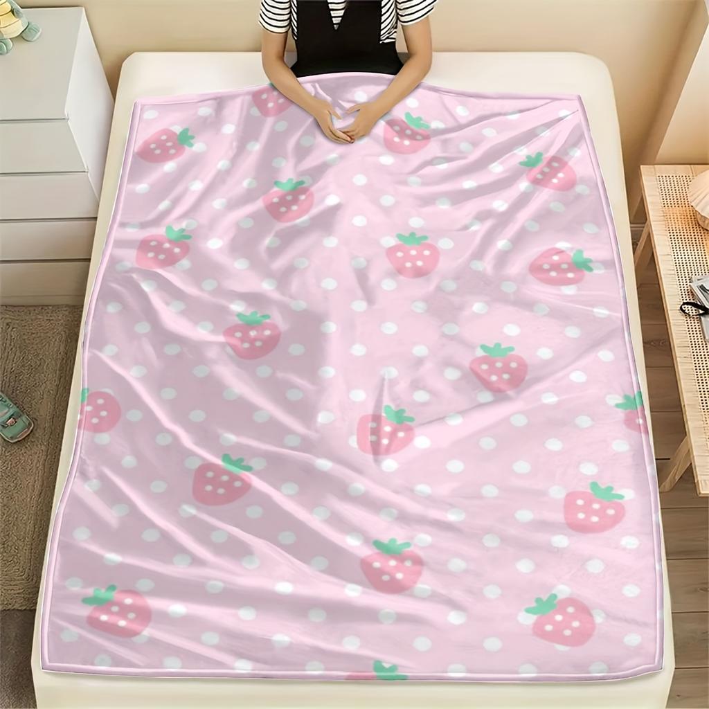 Pink Strawberry Print Flannel Blanket, Soft Warm Cozy Throw for Home Kitchen Sofa Camping Relaxation