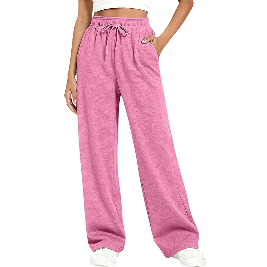 Women's Casual Loose Fit Lounge Pants Elastic Waistband with Drawstring Side Pockets Full Length Wide Leg Relaxed Trousers for Everyday Wear