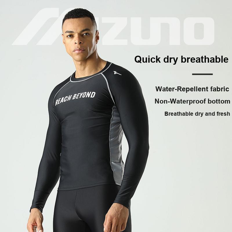 Mizuno Long Sleeve Swimming Sports T-Shirt Quick Dry Breathable Chlorine Resistant Sun Protection Hot Spring Surfing Suit Men Tops Black N2CA2102