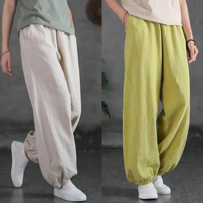Bloomers Retrò Letterari in Cotone e Lino Leggings da Donna Primavera ed Estate Pantaloni Casual Monocolore Larghi All-match
