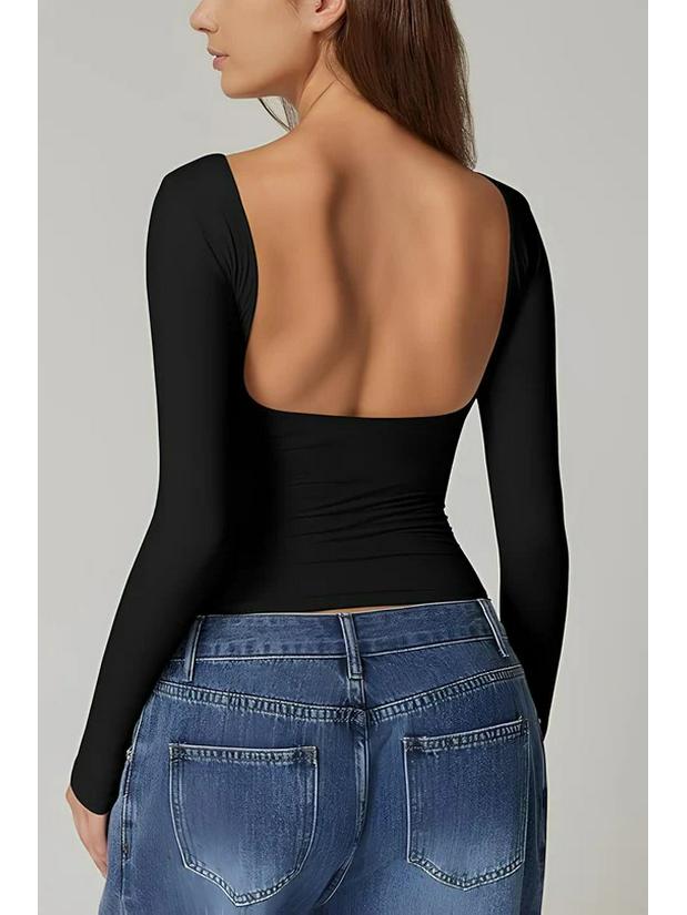 European & American Style Backless Long-Sleeve Slim Fit Tops - Sexy, Stylish Autumn Round Neck T-Shirts for Women