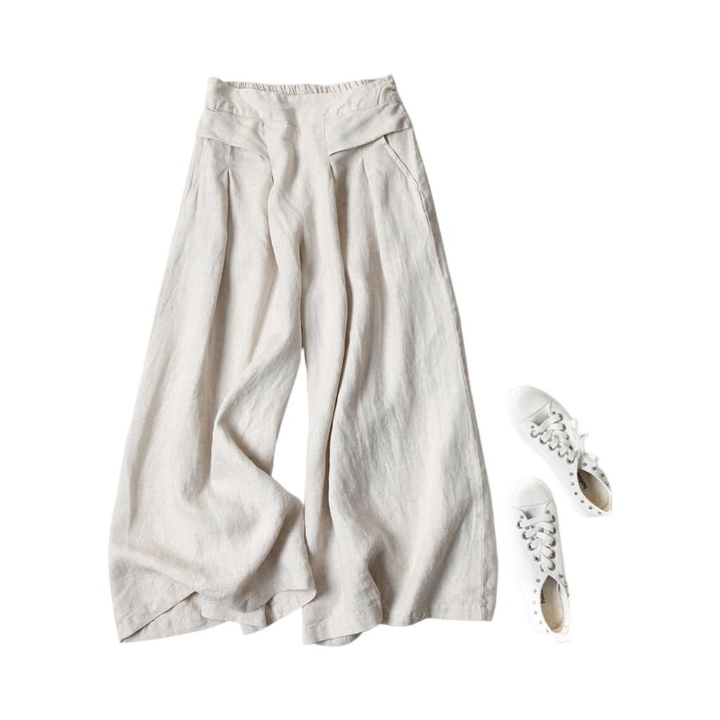 Women's Casual, Stylish, Loose-fitting, High-waisted, Cropped Cotton-linen Wide-leg Culottes