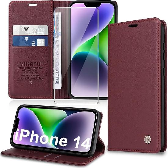Migexxkj for iPhone 14 Case Wallet with Screen Protector Card Holder [RFID Blocking] PU Leather Case Kickstand Shockproof Phone Case Cover for iPhone красный