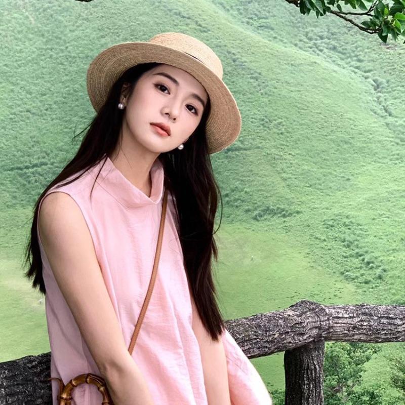 Straw hat women's summer retro temperament top hat seaside play beach sun hat straw woven sun hat