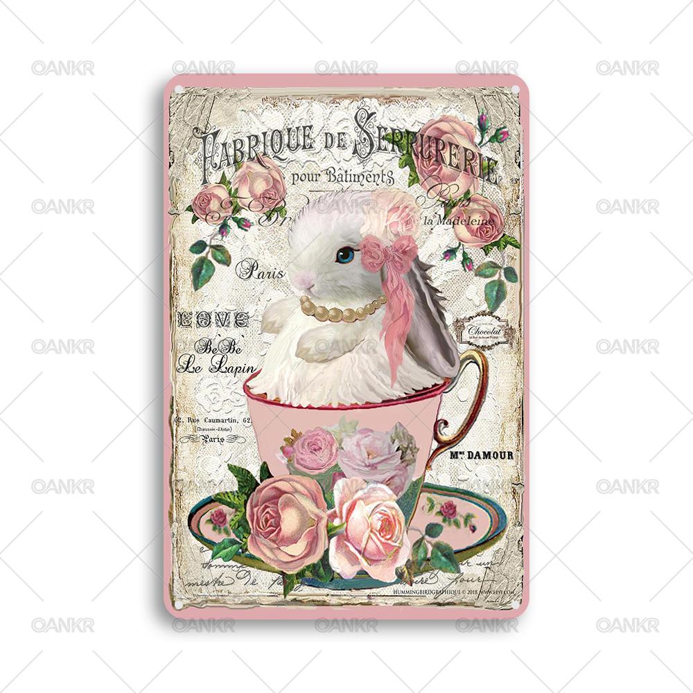 

Vintage Childrens Room Sweet Decor Poster Metal Tin Sign Floral Bunny Art Posters Metal Signs for Bedroom Home Wall Art Decor 20x30cm（7.8x11.8inch）