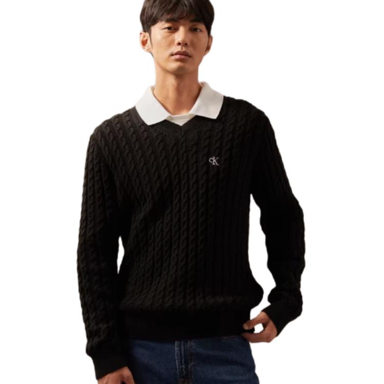 Calvin Klein Lässiger Pendler Bestickter V-Ausschnitt Zopfstrickpullover Unisex Pullover Space-Black J326795-BEH