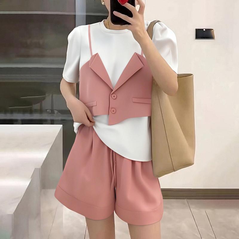 

ZANZEA Женские лоскутные футболки с коротким рукавом и шорты Летние костюмы-двойки 3XL розовый