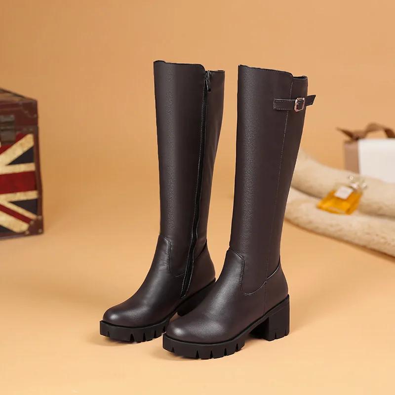 Casual Women Platform Snow Boots Buckle Women Knee High Boots Warm Fur Winter Riding Boot Female Black Brown Shoes Large Size 45