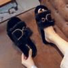 Fashion Women Slippers Fashion One Word Fluff Solid Slippers Casual Home Comfortable Cotton Shoes Women Flat Plush Warm Slides Women