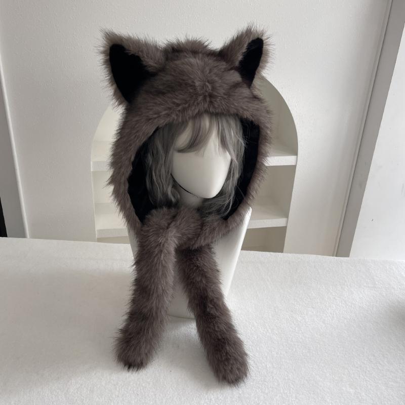 Plush Cats Ear Hat with Faux Furs Look Earflaps, Long Coverage Thick Warm Hat for Cold Weather Daily Outfit Styling, Outdoor Activity