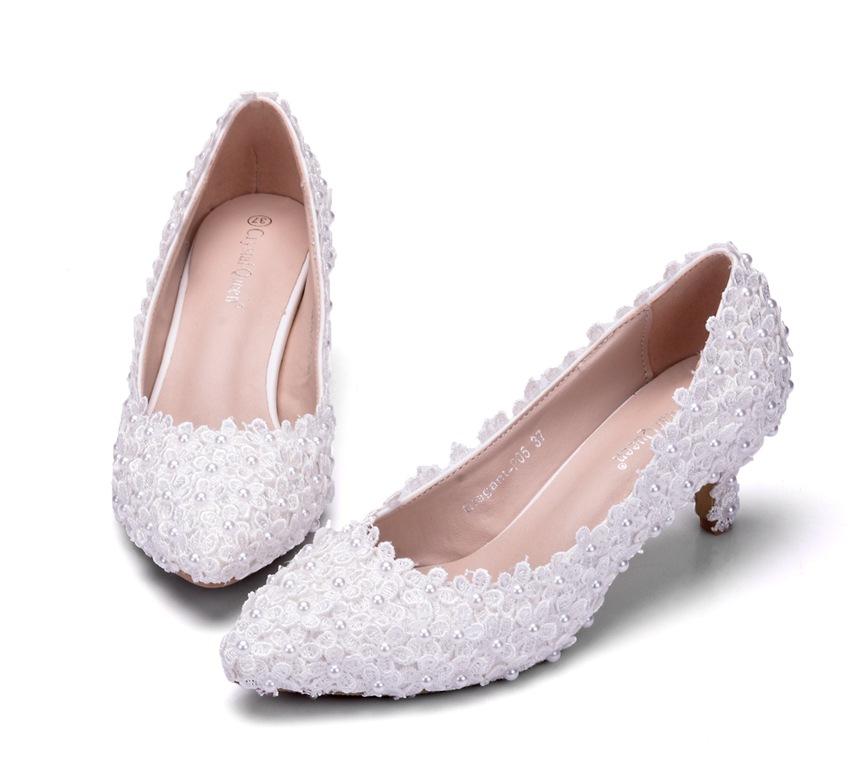 Fashion Wedding Pumps Flower Pearl Pointed Toe Shallow PU 5CM Thin High Heels Princess Pointed Toe Platform Heels Women Shoe