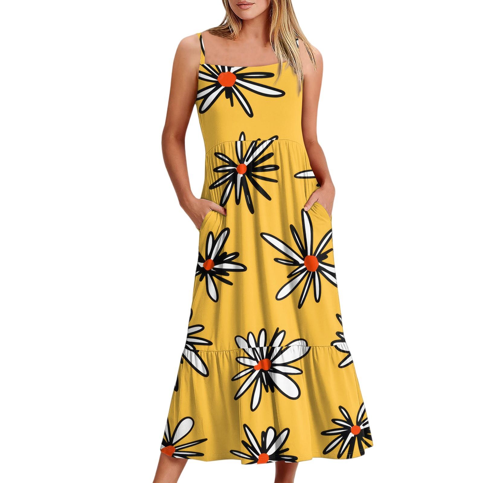 

Женское длинное пляжное повседневное элегантное платье макси на тонких бретельках с цветочным принтом, струящееся платье в стиле бохо S жёлтый