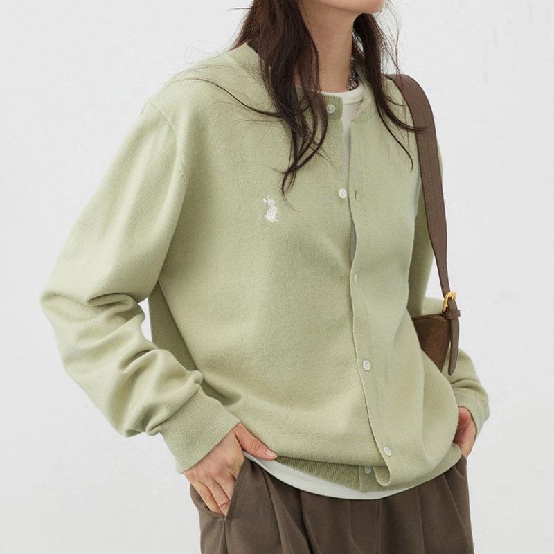 2026 Korean Rabbit Embroidery Knit Cardigan - Solid Color, Simple & Lazy Style Outerwear Top