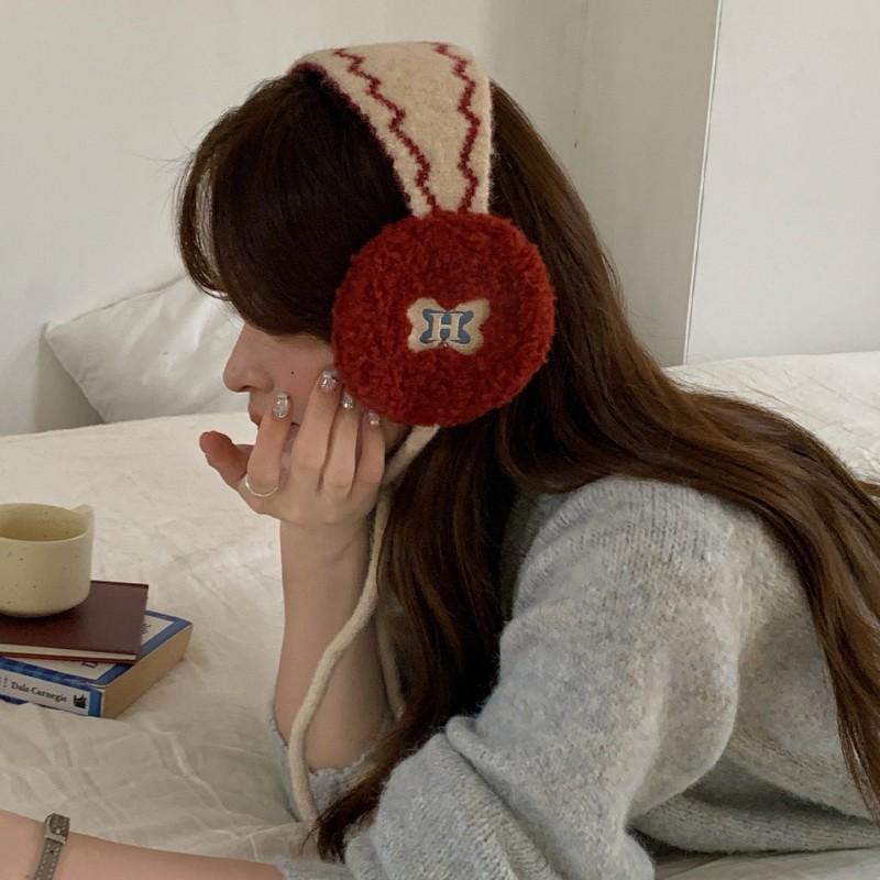 Womens Plush Knit Ear Warmers With Tie Red Winter Fuzzy Earmuffs Cold Weather Christmas New