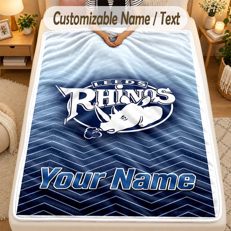 Flannel BlanketLeeds Rhinos Custom Name Text Personalized Soft Warm Throw Blanket Home Decor Gift