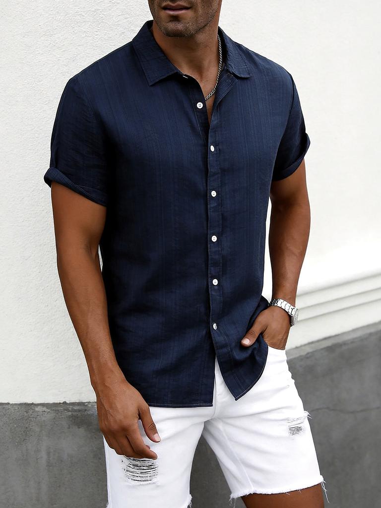 New summer men's plus size shirt teen solid color short-sleeved lapel shirt top men's