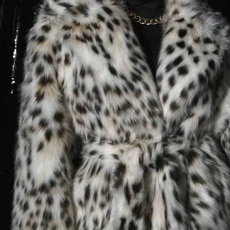 Women's leopard print imitation fur jacket fox hair long coat toka hooded winter mink trench coat fur