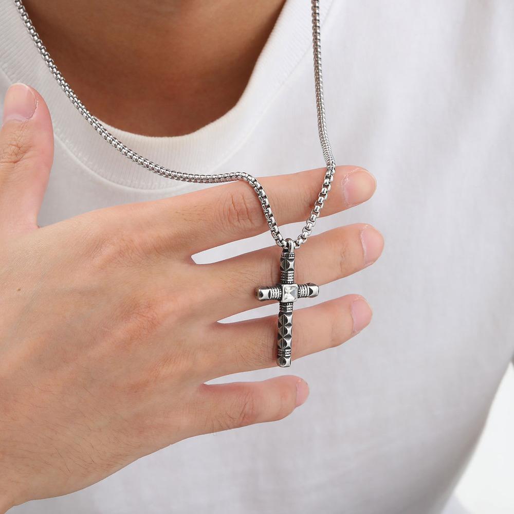 Punk Mens Cross Pendant Necklace,Silver Color Plain Cross Pendant Collar with Stainless Steel Box Chain,Exquisite Male Gift