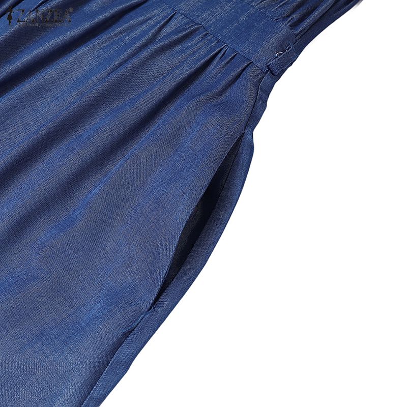 ZANZEA Women Turn Down Collar Summer Casual Short Sleeve Long Dress