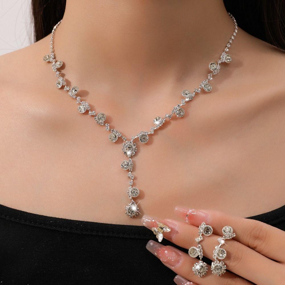 Pearls Crystal Jewelry Set Shining Necklace Bridal Earrings  Banquet