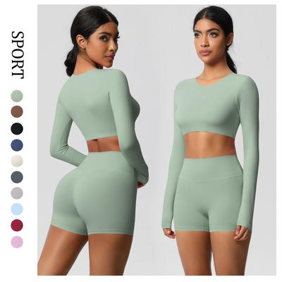 New Tight, Brushed Long Sleeved Yoga Suit, Pilates Exercise, Hip Lifting Shorts, Quick Drying Running, Fitness Two-Piece Set For Women