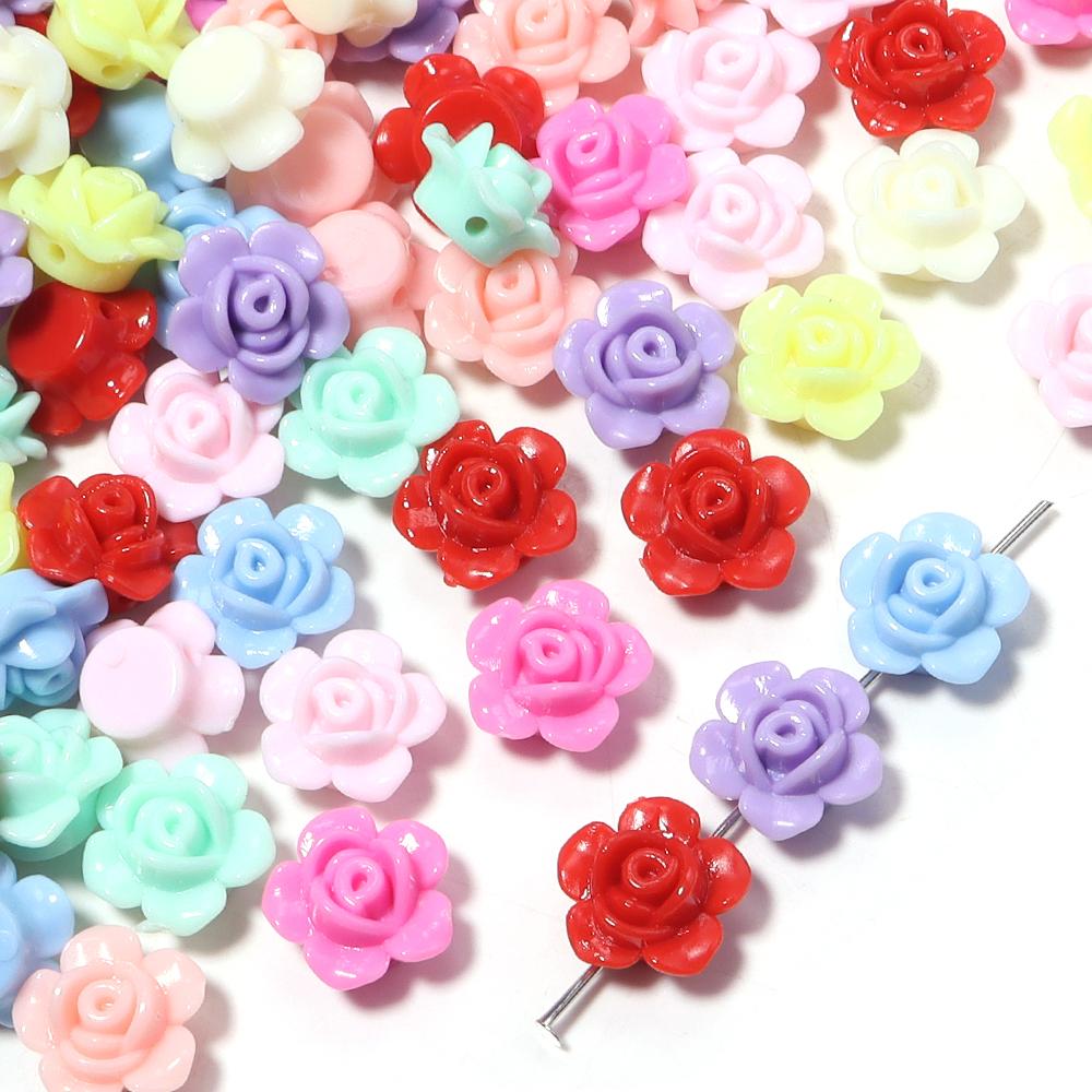 100pcs/lot Colorful Rose Flower Acrylic Beads Flat Back Loose Spacer Beads For Jewelry Making DIY Handmade Bracelet Accessories