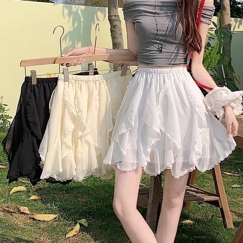 Irregular Lace Trim Puff Skirt With Splicing Detail For Summer Casual Wear