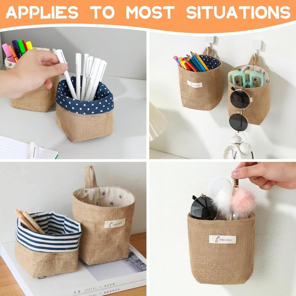 3 PCS Mini Hanging Storage Bag Cotton Linen Small Storage Basket Wall Hanging Storage Pouch Foldable Storage Box Family Organizer Decorative Bag