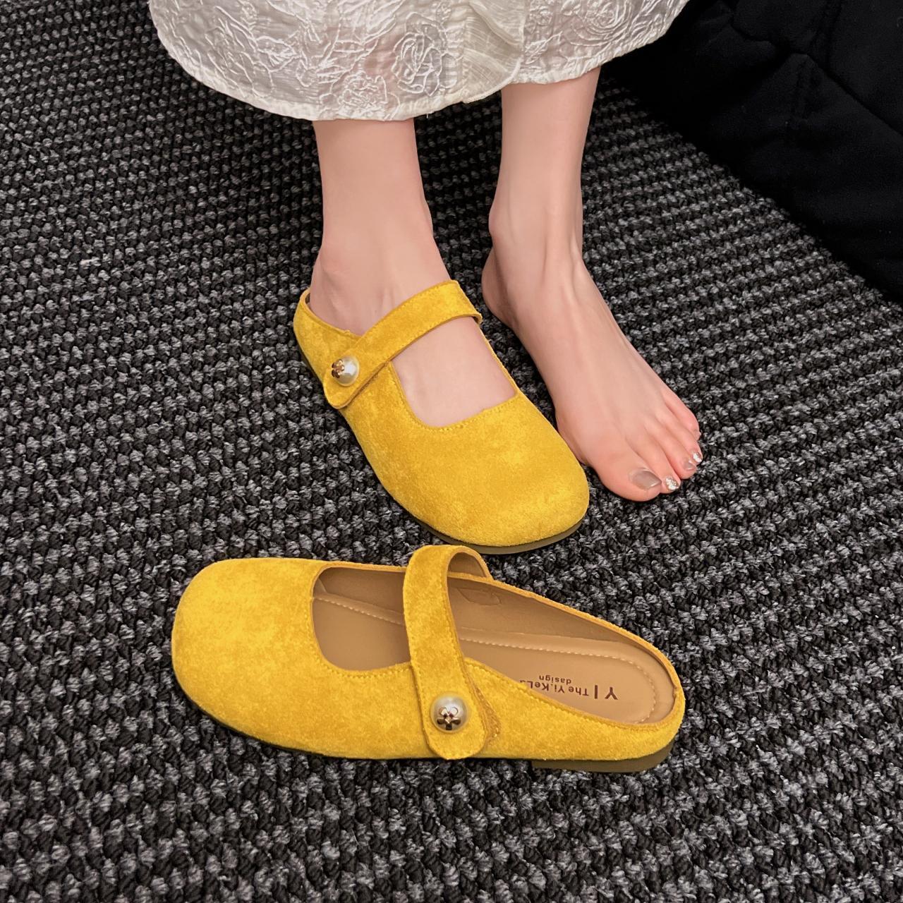 

2025, suela de goma de cuero sintético Zapatos sin cordones Vintage franceses para mujer, fondo suave, plano, estilo de hadas 40 жёлтый