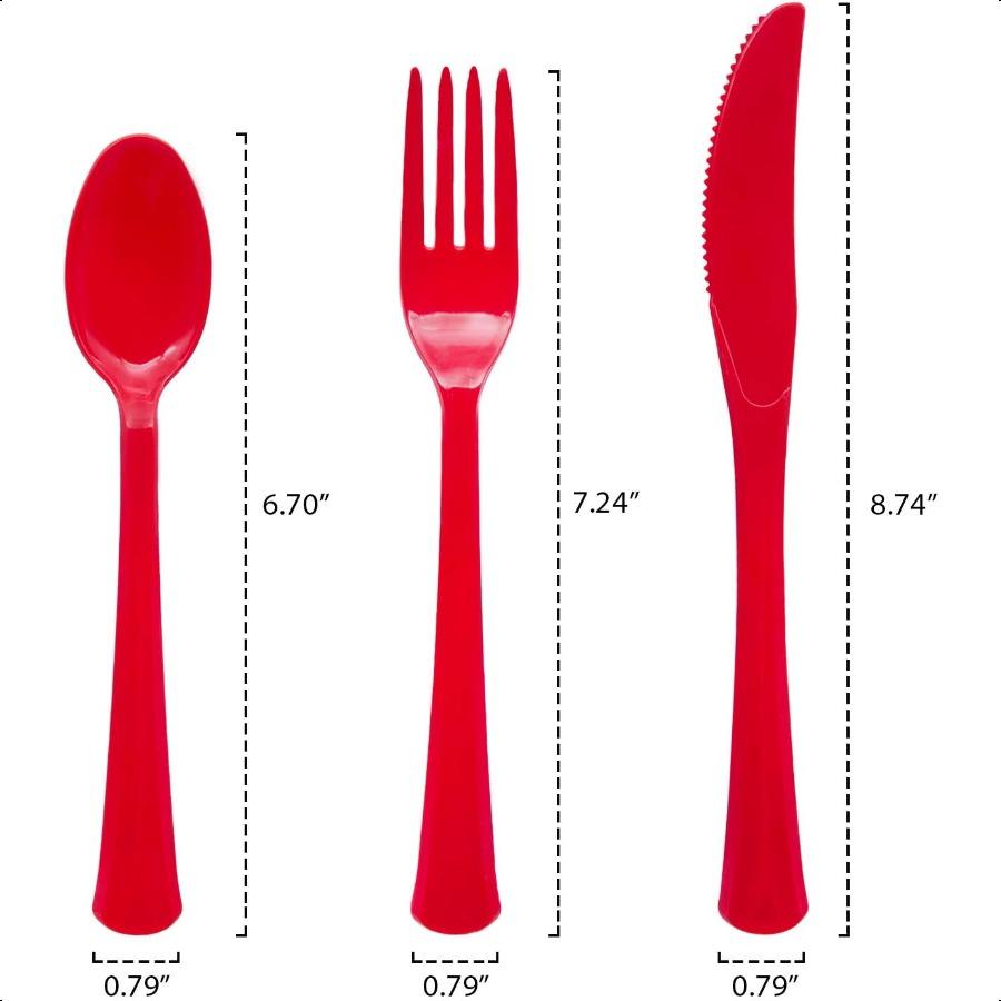 

Extra Heavy Duty Hard Plastic Cutlery Combo Pack and Full Size Knives Forks Spoons Red 8 Place SettingCount United States