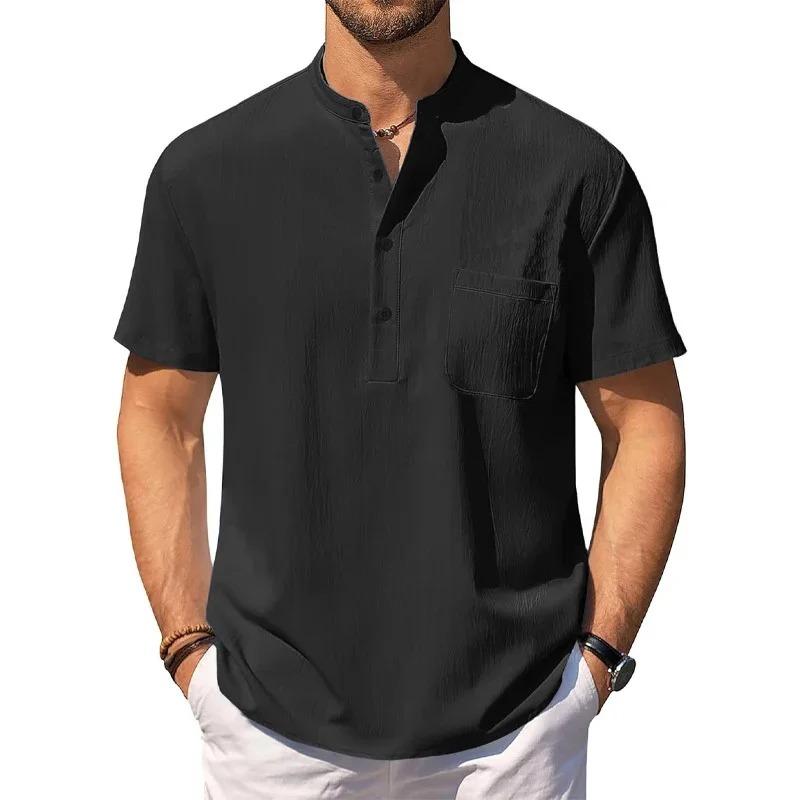 

Summer Men s Cotton Linen T-Shirt Lightweight Breathable Beach Style Tees Short Sleeve Casual Hawaii Vacation Tops S чёрный
