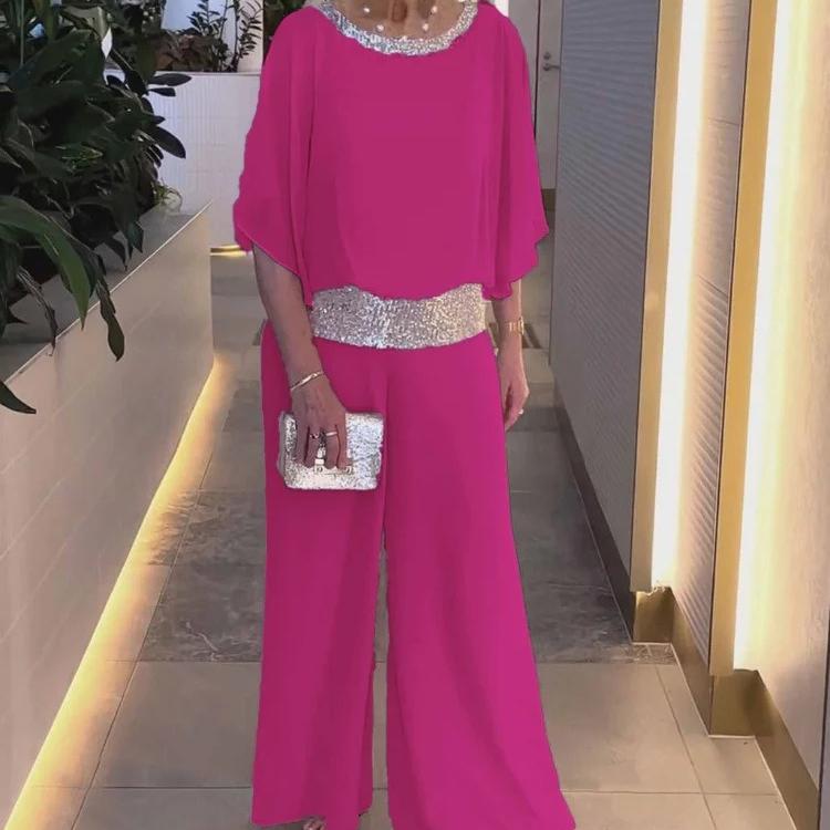 2026 New Suit Crew Neck Sequined Color Matching Batman Shirt Wide-leg Pants Suit Women