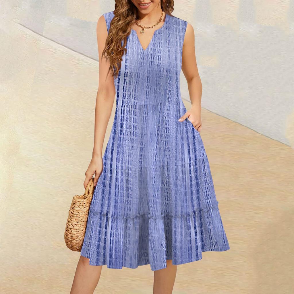 Women's Summer V-Neck Casual Pleated Ruffle Vintage Sleeveless Dresses
