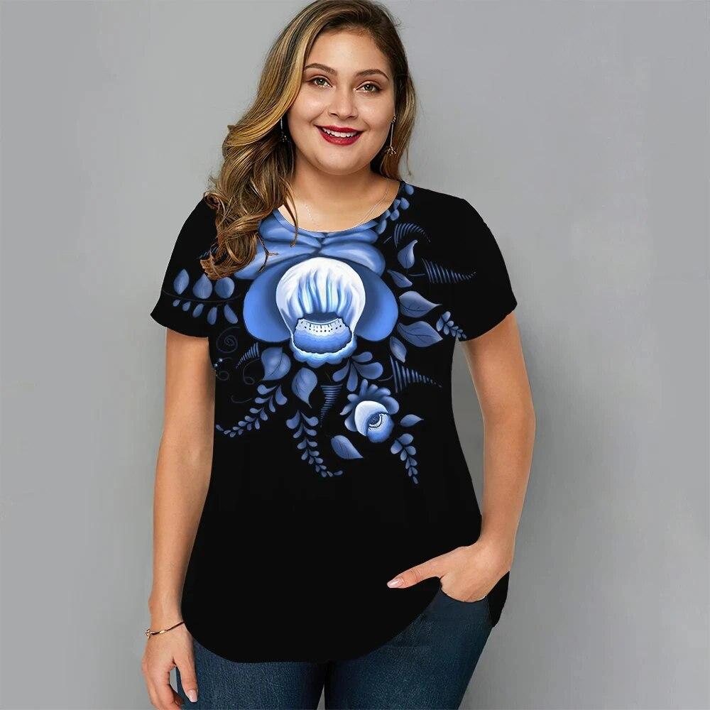 Women's T-Shirts 3d Flower Print Clothing Summer Daily Wear Apparel Oversized Round Neck Short-Sleeved Top Fashion Madam T-Shirt