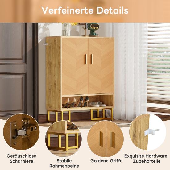 Modern, Minimalist Shoe Cabinet, Unique Wood Grain, Golden Iron Frame, Two-Door Storage Cabinet, Narrow Shoe Cabinet, Shoe Rack, Shoe Tipper,