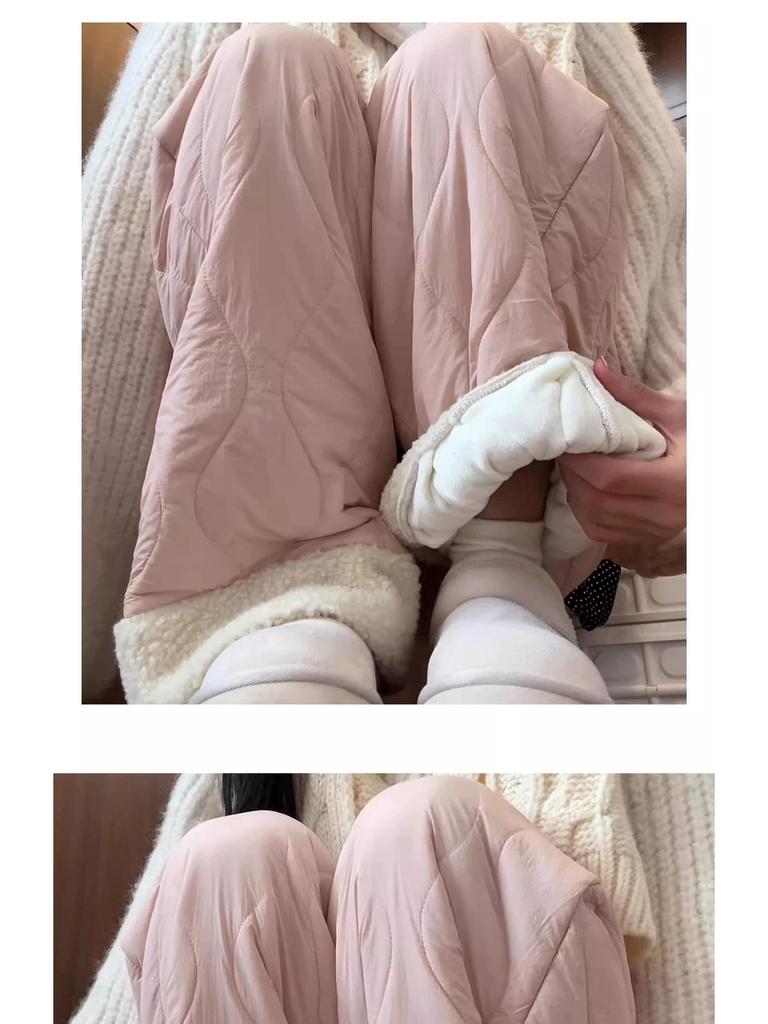 Women's Pink Fleece Cotton Wide-Leg Pants - Winter 2025 Casual Warm Plus Velvet Design