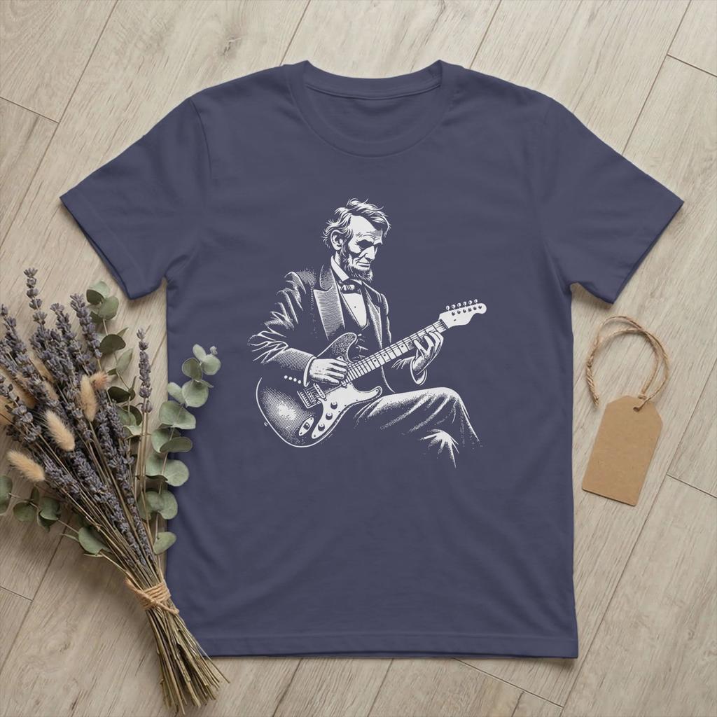 Unisexs TShirts Abraham Lincoln Playing Electric Guitar Funny Vintage Cotton Tee Short Sleeve T Shirts Crewneck Merch Printing