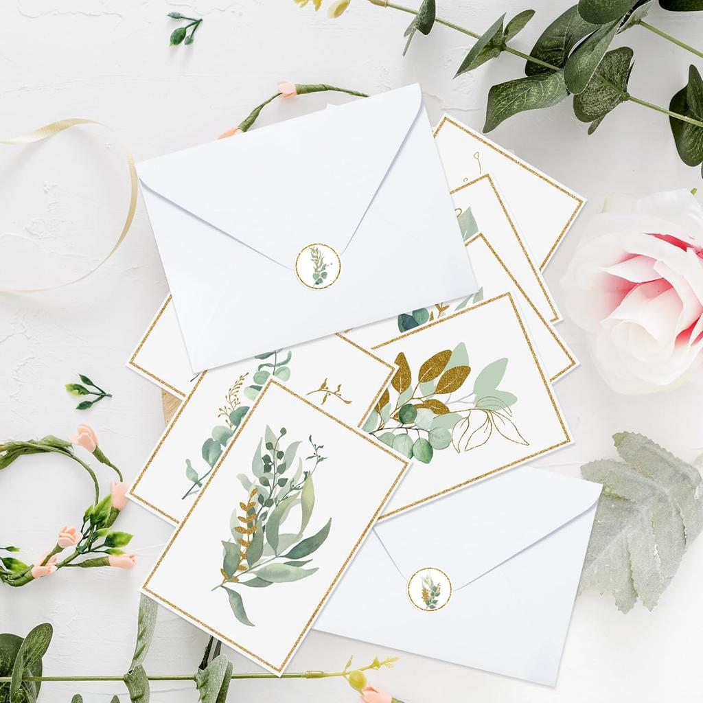 BeYumi 85Pcs Gold Greenery Greeting Cards with Envelopes Stickers Watercolor Botanical Note Cards Green Plant Thank You Blank Card for Birthday