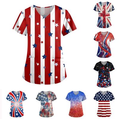 Women's V-neck Fashion Casual Independence Day Printed Tops And Protective Workwear