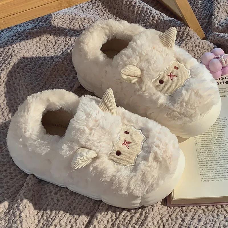Women's Cozy Cartoon Lamb Slippers - Thick-Sole Indoor Cotton Fur Shoes for Autumn and Winter