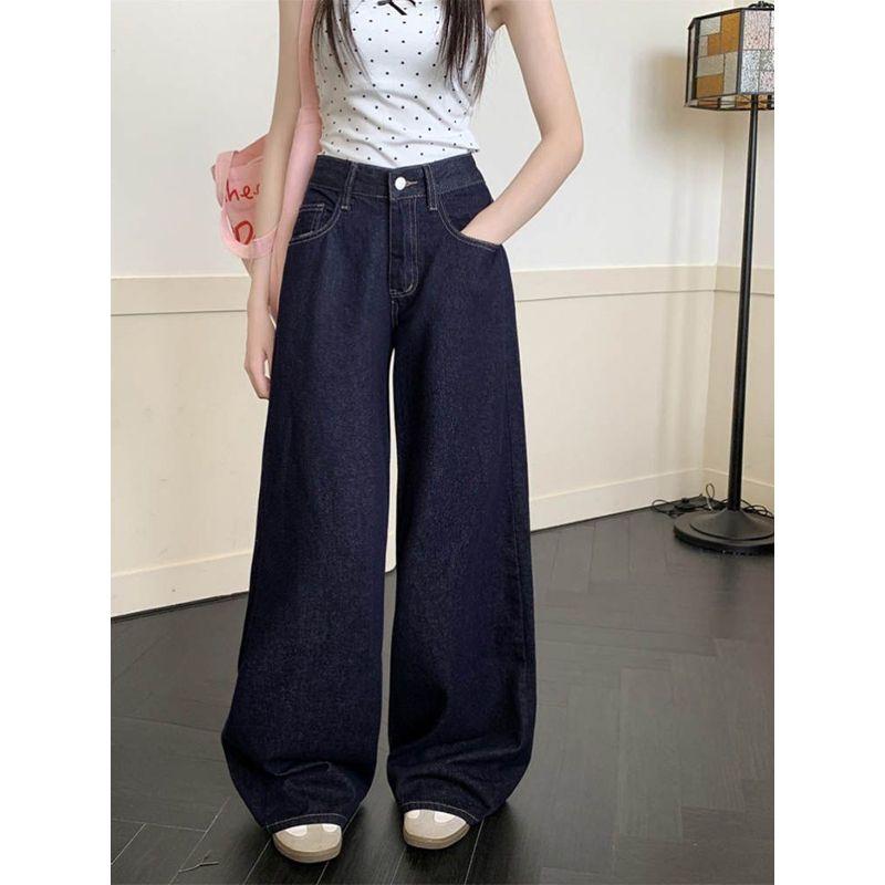 

Small American Style Denim Primary Color Wide Leg Denim Female Vibe Lazy Relaxed Feeling High Waist Mop Straight-leg Pants Dark blue small section((145-155)]) XL