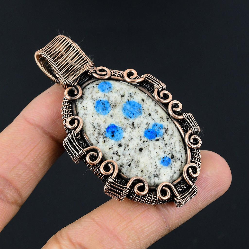 K2 Azurite Pendant, 999 Copper Wire Wrapped Gemstone Jewelry, Handmade Pendant, For Thanksgiving