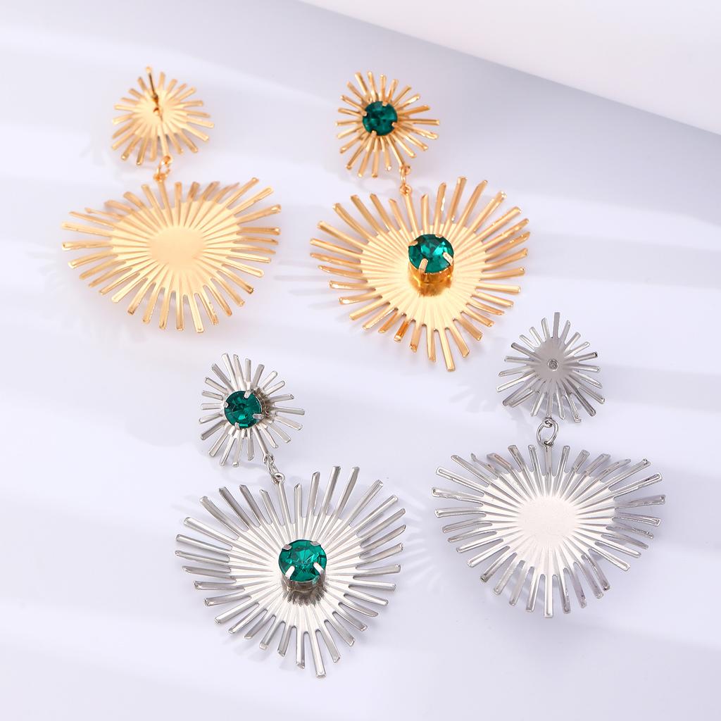 Green Rhinestone Inlaid Big Metal Drop Earrings Women's Exaggerated Sunflower Heart Pendant Modern Trend Statement Ear Zircon