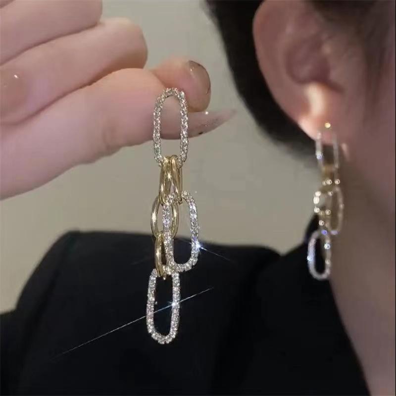 Shiny Zircon Geometric Chain Earrings for Women Luxury Crystal Bowknot Imitation Pearl Water Drop Earring Wedding Party Jewelry