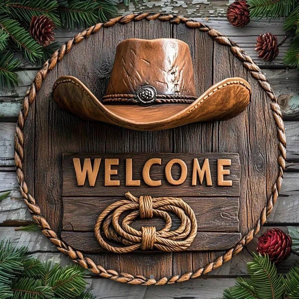 Rustic Welcome Sign Cowboy Hat Rope Western Wall Art Decor 8x8 Inch Western Theme Gift for Home Bar Office