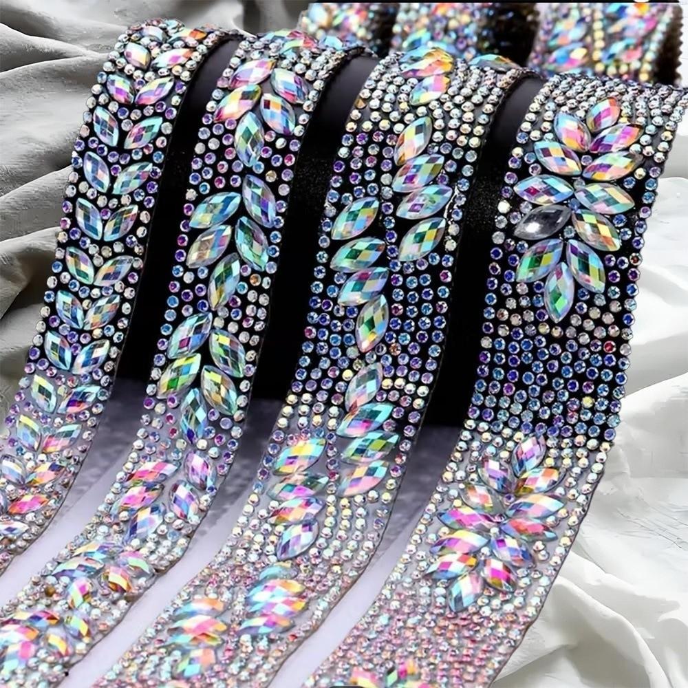 1Yard/90cm Self-Adhesive Rhinestone Trim DIY Multi-color Crystal Rhinestone Trimming Tape AB Color Iron On Crystal Tape